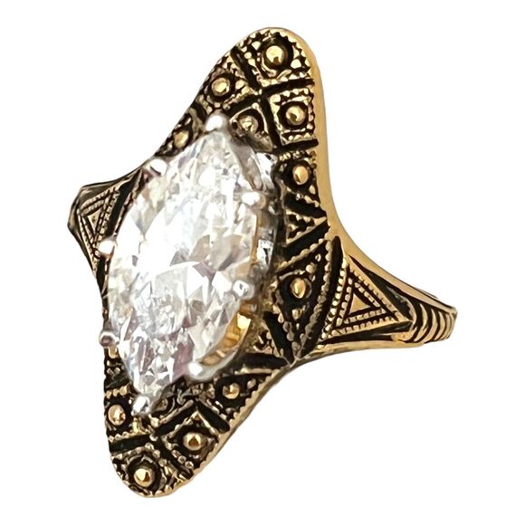 Vintage 18KT Ring Size 7 Gold Plate Marquis Cut Mid-Century Art Deco Style 4Q - Picture 2 of 5